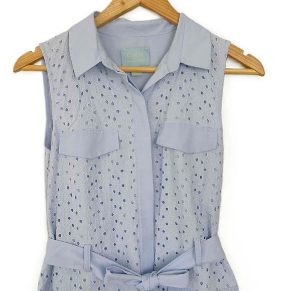 CeCe Cynthia Steffe Size 6 Shirt Dress Eyelet Sleeveless Collar Belted Pockets - Picture 6 of 14